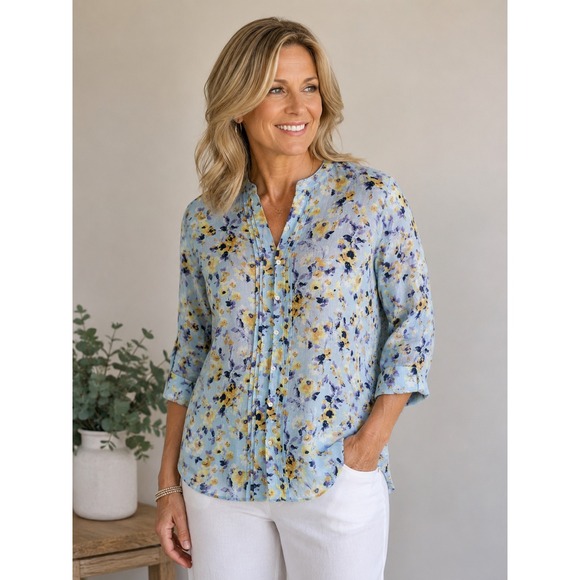 J.Jill Tops - J.Jill Love Linen Floral Watercolor Tunic Top Blue Yellow 3/4 Sleeve Small